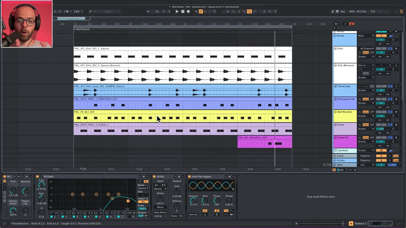 Glockengetriebener Drum-Groove in Ableton mit geschichteten Toms, Percussion-Hit, Glockenrhythmus und Clave