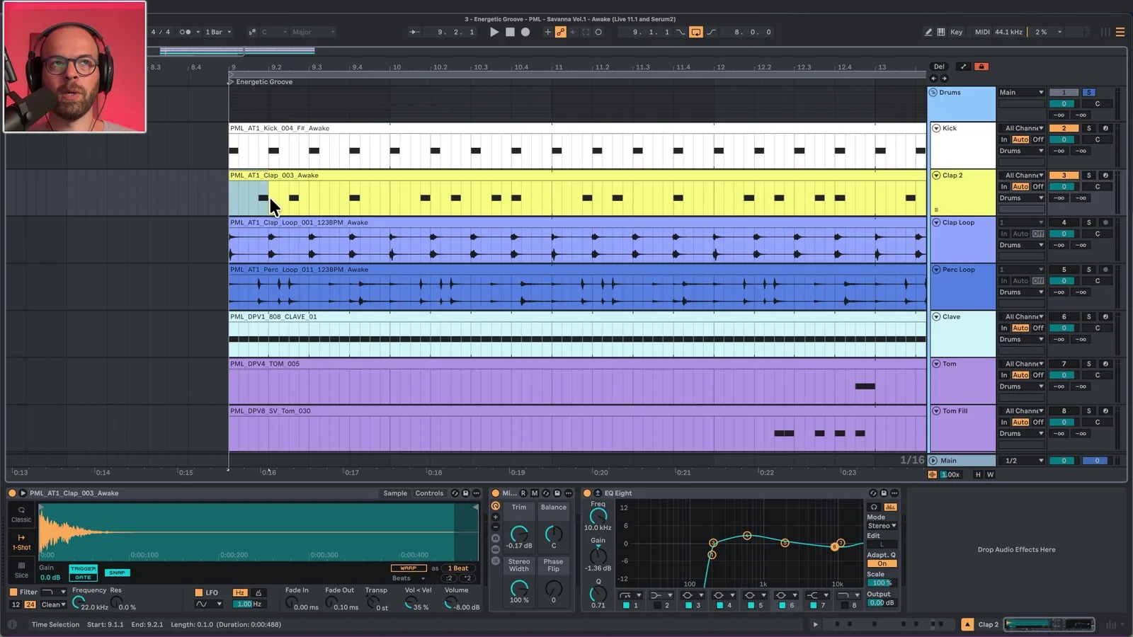 Energiegeladener Drum-Groove in Ableton mit Reggaeton-Clap-Rhythmus, Clave, Tom und Tom-Fill