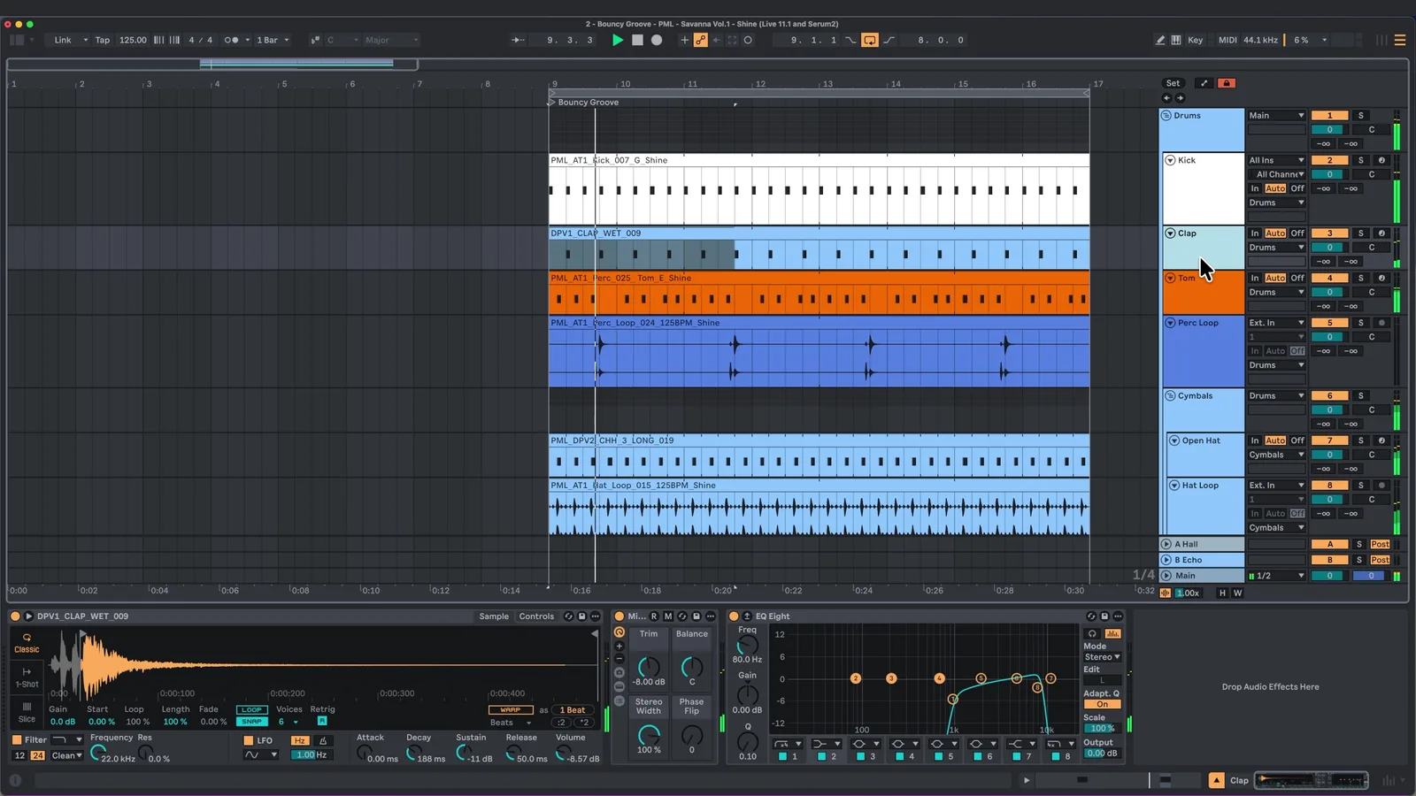Hüpfender Drum-Groove in Ableton mit Offbeat-Tom, gehacktem Clap, Perc-Loop und Open Hat