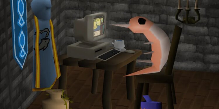 Runescape gratuliert dem Spieler, der Level 99 beim Angeln erreicht hat und nur Garnelen und Sardellen fängt